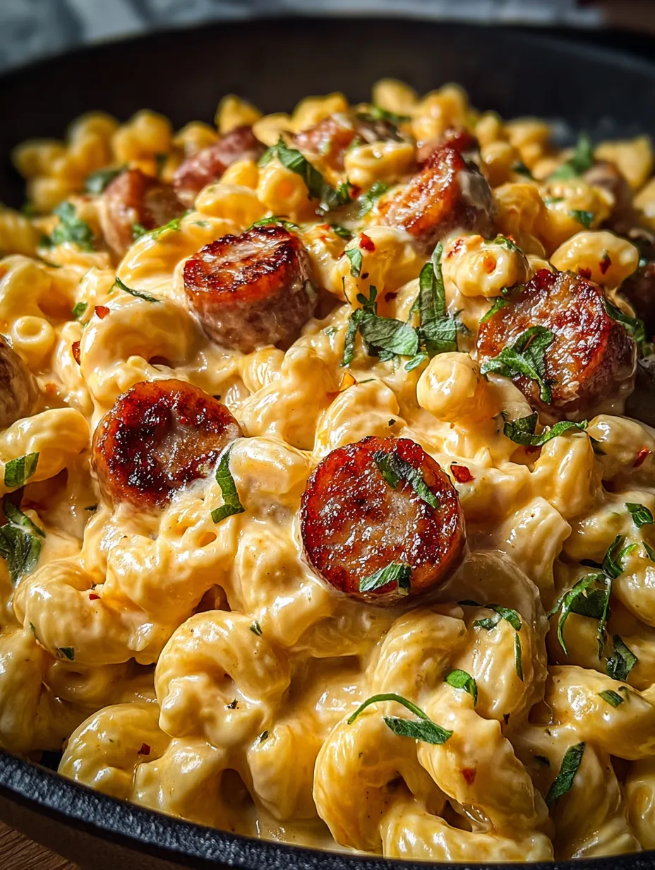 A bowl of macaroni and cheese with sausage.