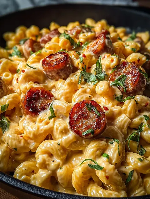 A bowl of macaroni and cheese with sausage.