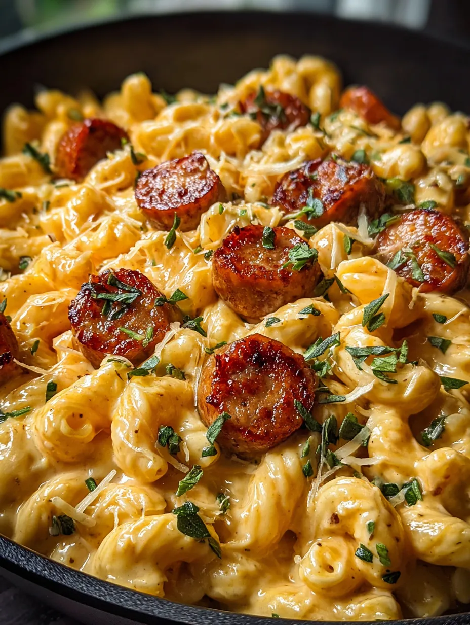 A bowl of macaroni and cheese with sausage.