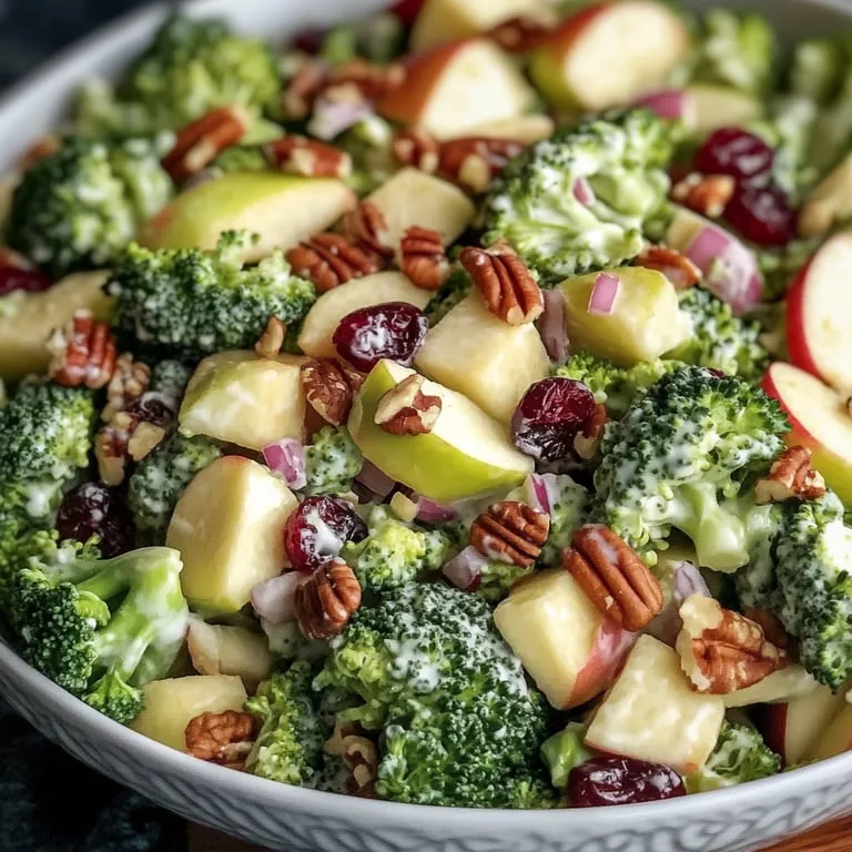 A bowl of honeycrisp apple broccoli salad