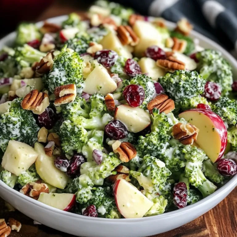 A bowl of broccoli salad with apples and nuts.