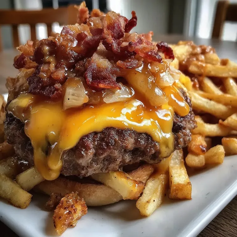 A plate of french fries and a cheeseburger.