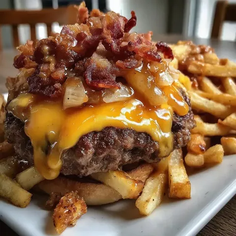 A plate of french fries and a cheeseburger.