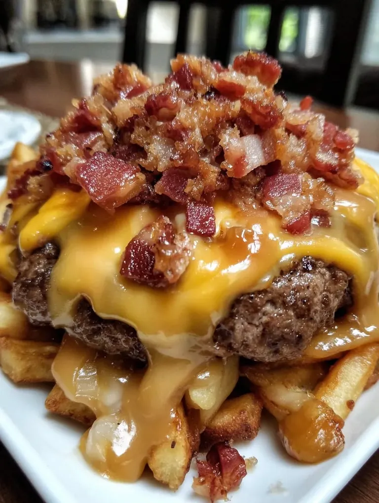 A plate of bacon cheeseburger fries.