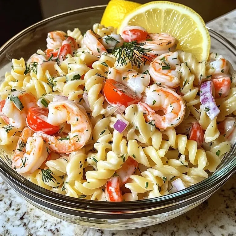 A bowl of shrimp and pasta.