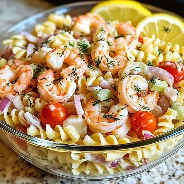 A bowl of shrimp and pasta salad.