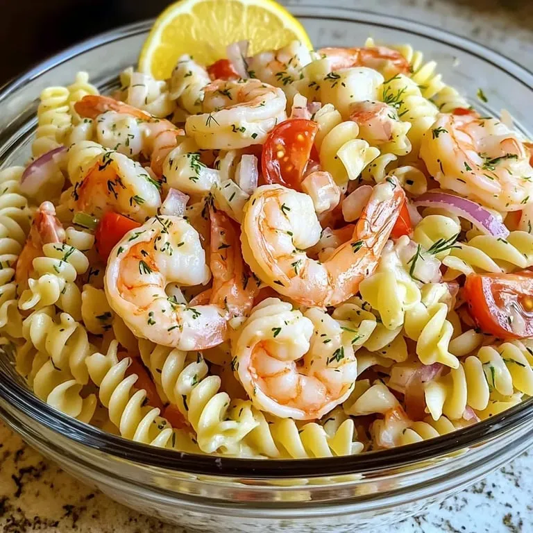 A bowl of shrimp and pasta.