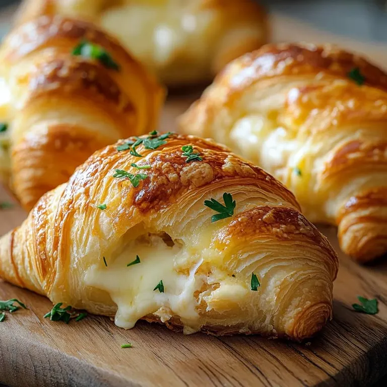 Three croissants with cheese on a wooden cutting board.