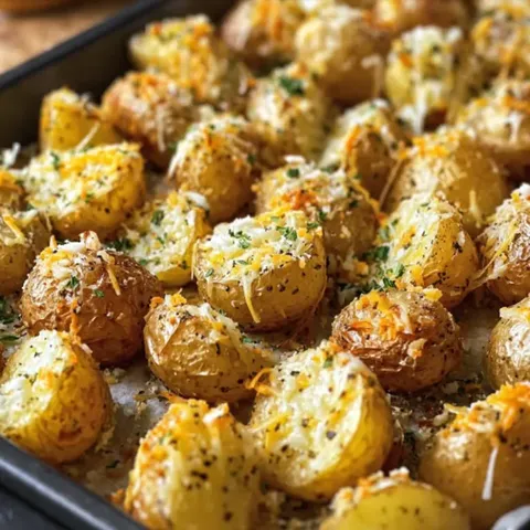 A pan of potatoes with cheese and herbs.