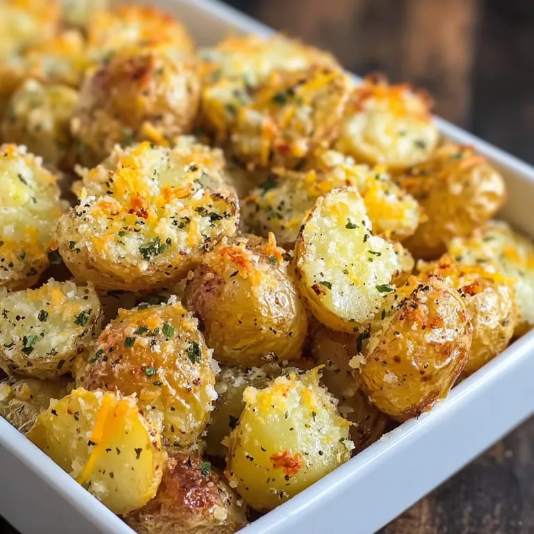 A bowl of potatoes with cheese and spices.