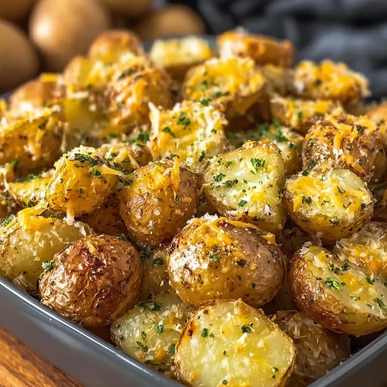 A plate of potatoes with cheese and herbs.