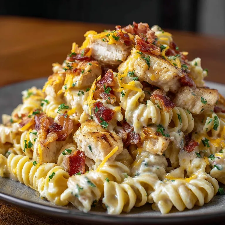 A plate of pasta with bacon and cheese.