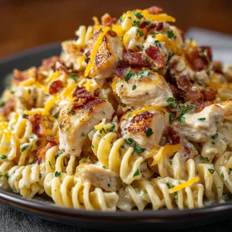 A plate of pasta with chicken and bacon.