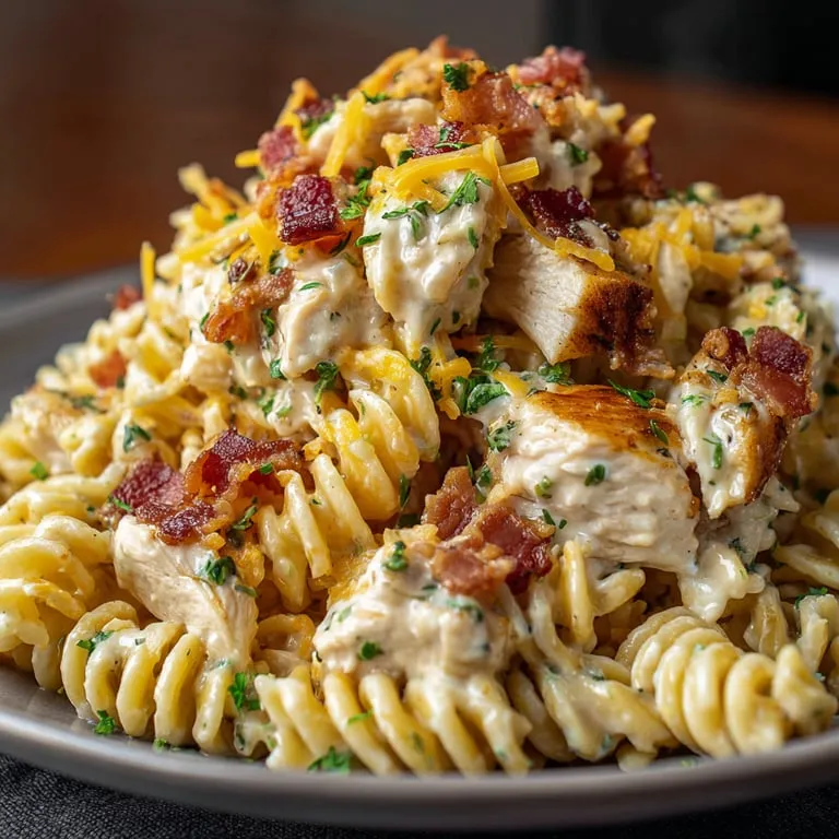 A yummy plate of pasta with chicken and bacon.