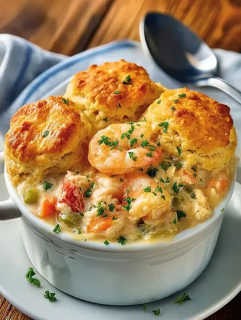 A bowl of shrimp and vegetable soup.