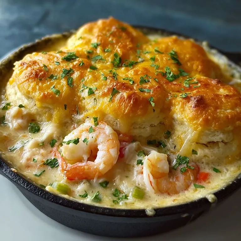 A dish with shrimp and biscuits.