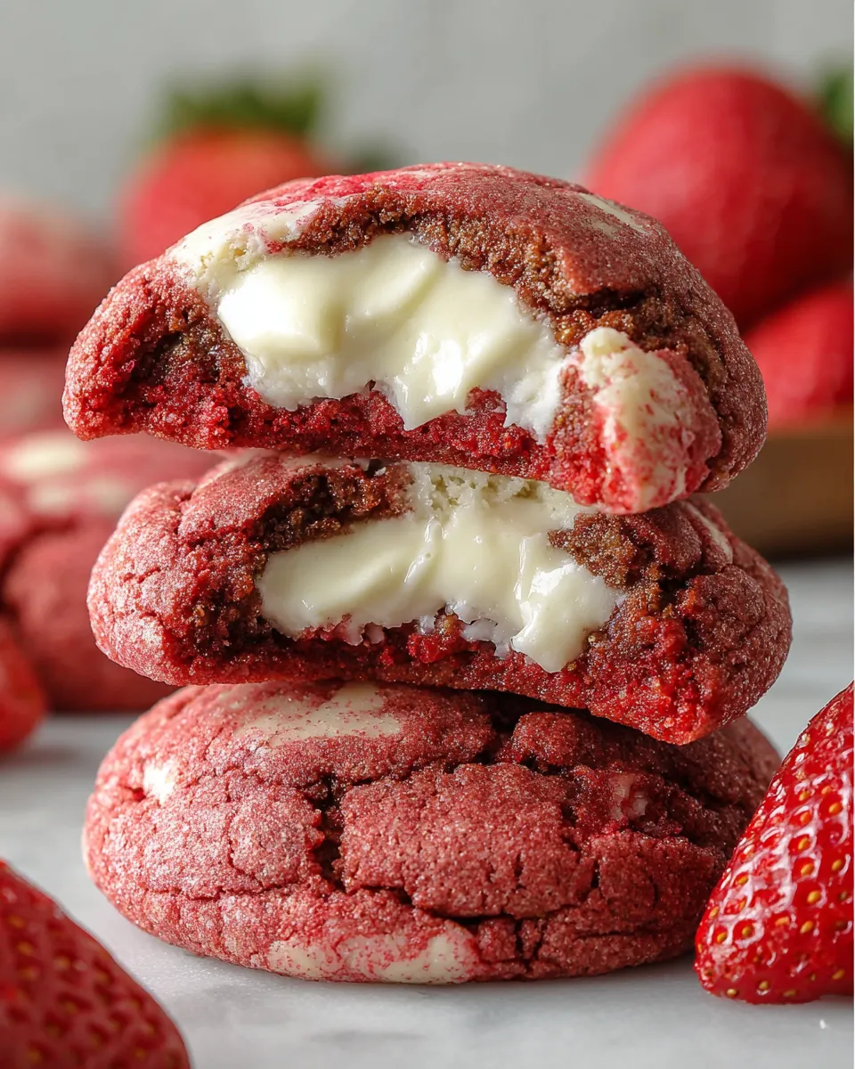 Strawberry cookies with white frosting.