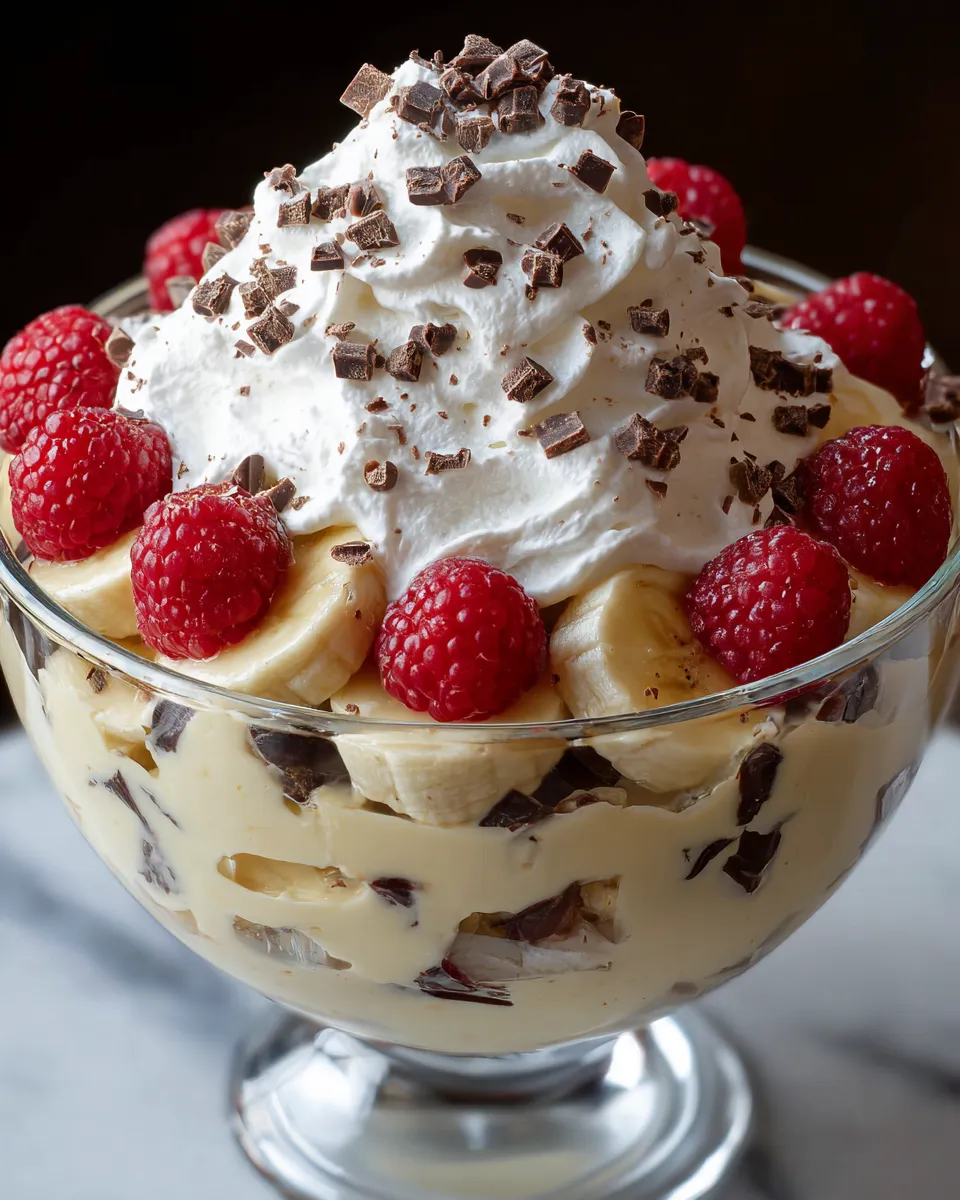 A bowl of bananas, raspberries, and whipped cream.