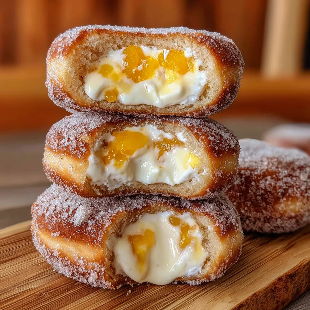 Three donuts with white frosting and orange filling.