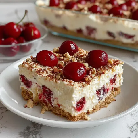 A slice of cake with cherries on top.