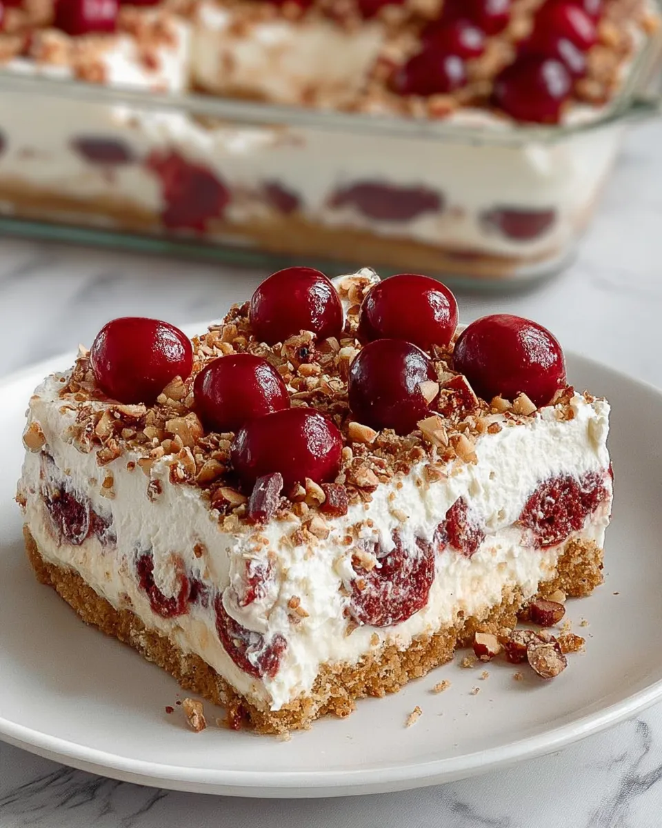 A slice of cake with cherries on top.