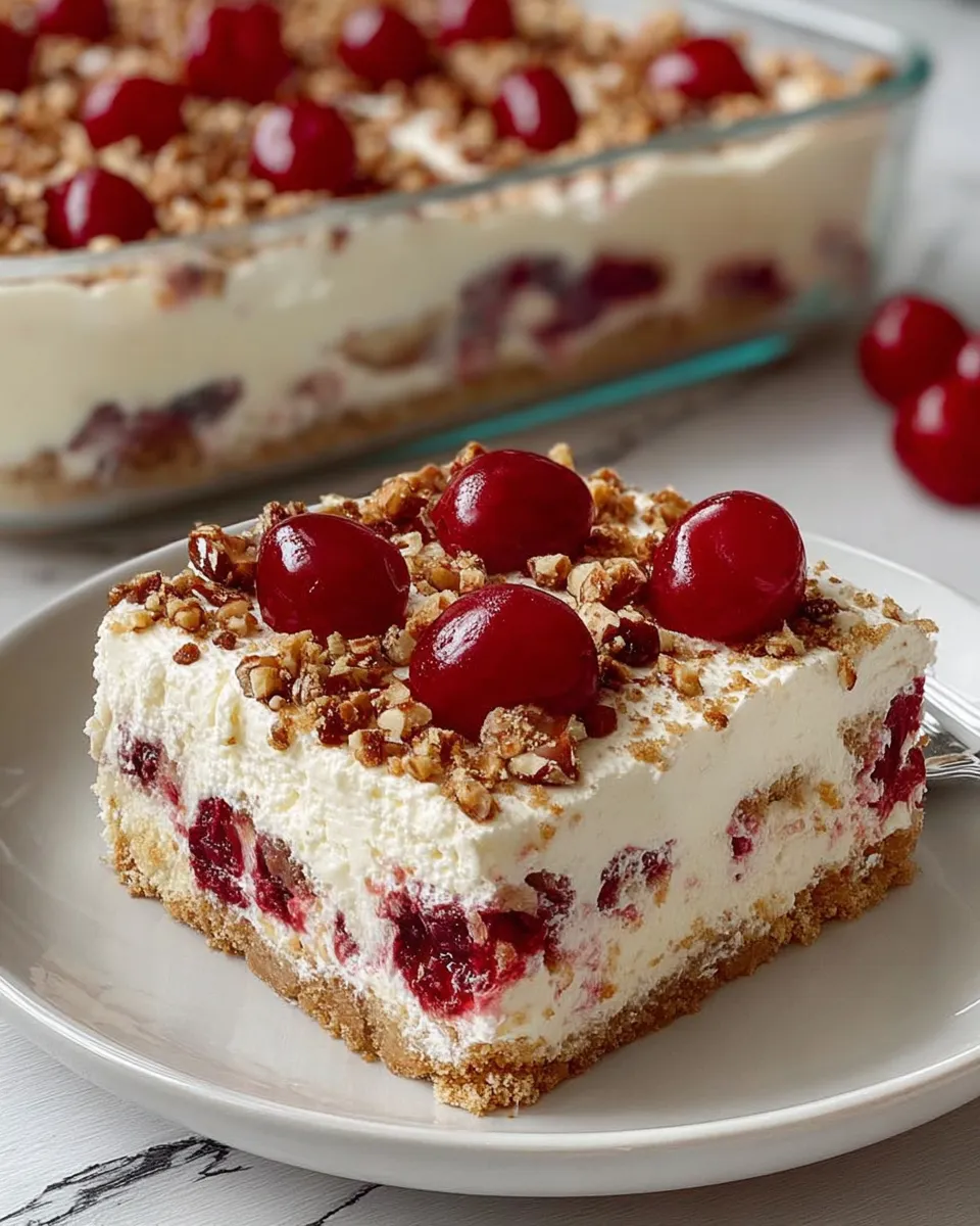 A yummy slice of cake with cherries on top.