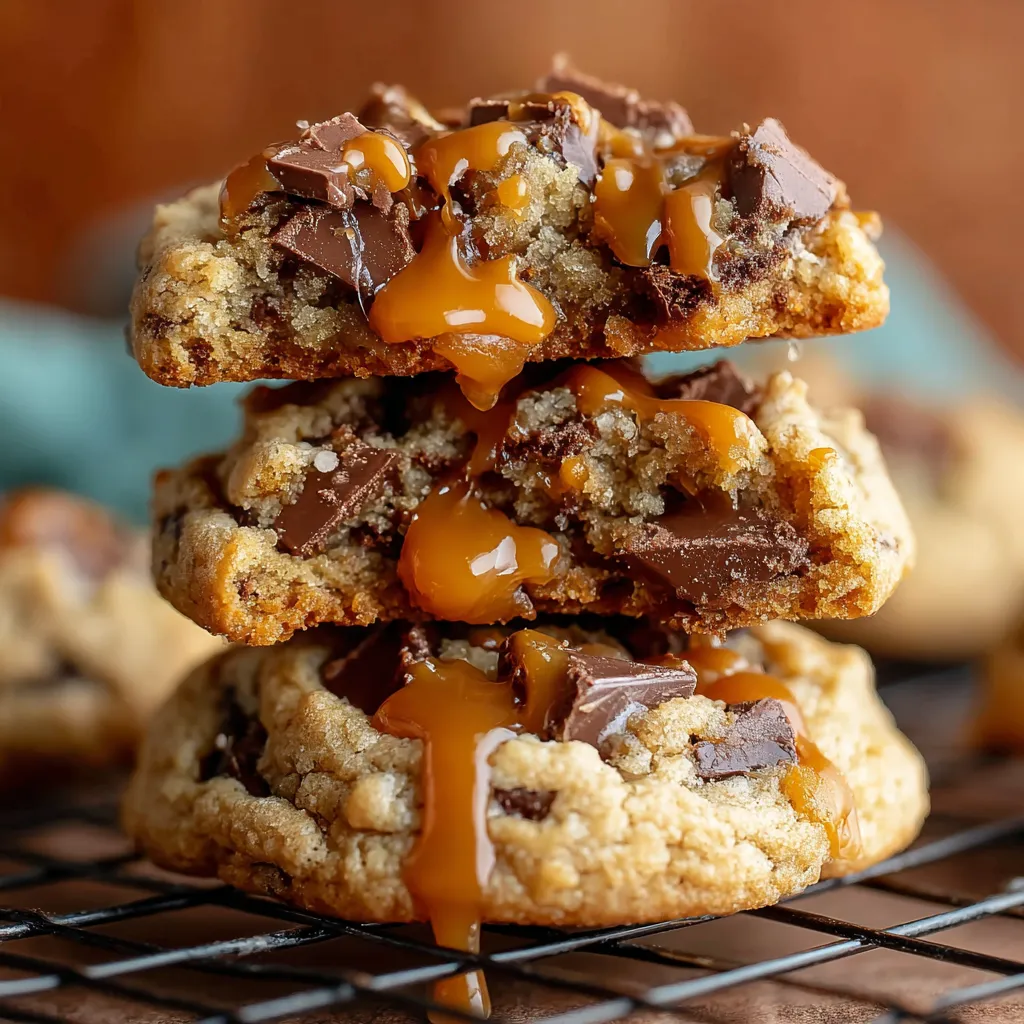 Chocolate chip cookies with caramel drizzle.