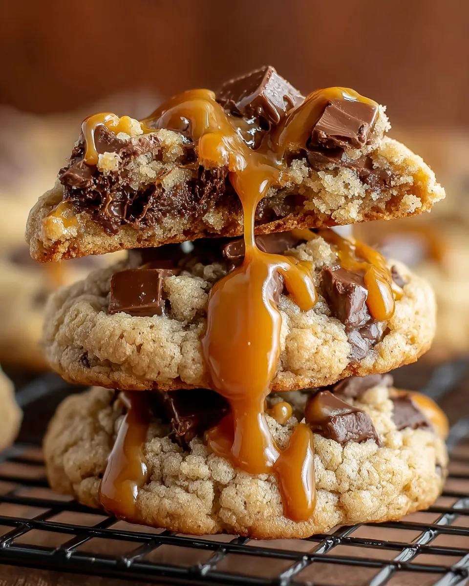 Chocolate chip cookies with caramel drizzle.