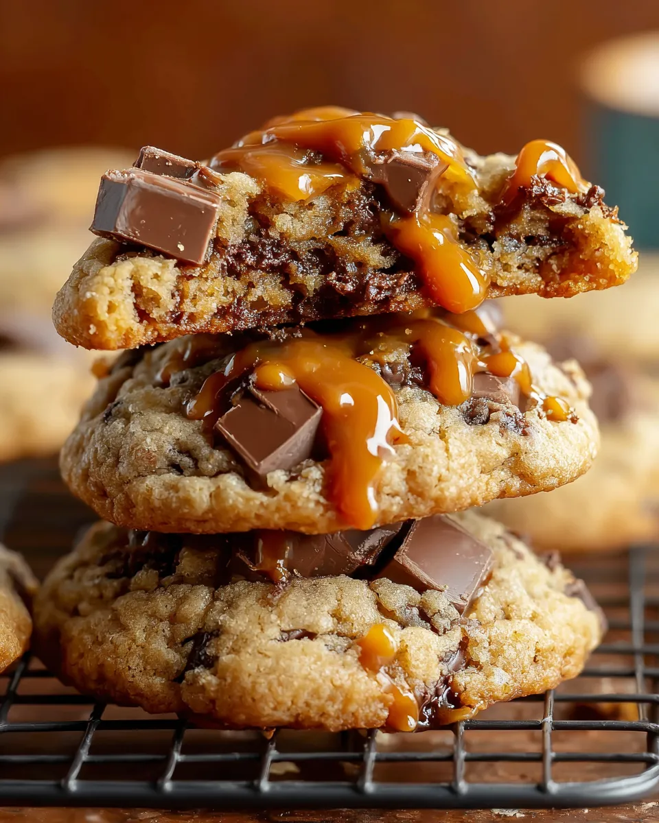 Yummy chocolate chip cookies with caramel drizzle.