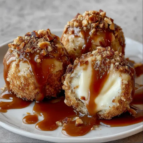 Three balls of food with sauce on them.