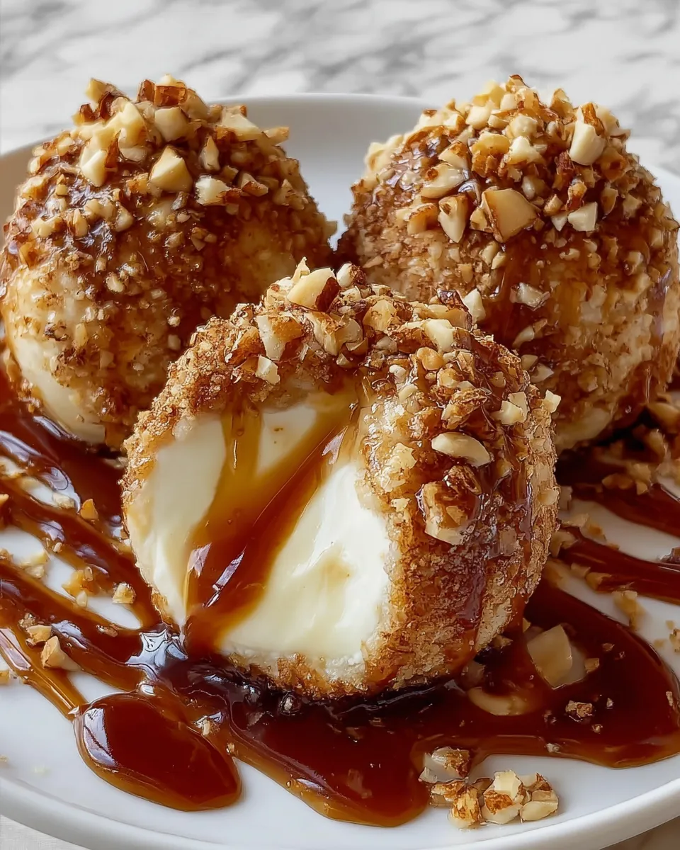 Three balls of food with caramel drizzled on top.