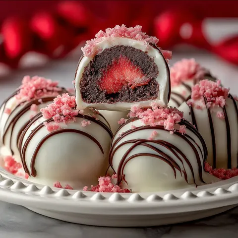 A plate of chocolate and strawberry covered candy.