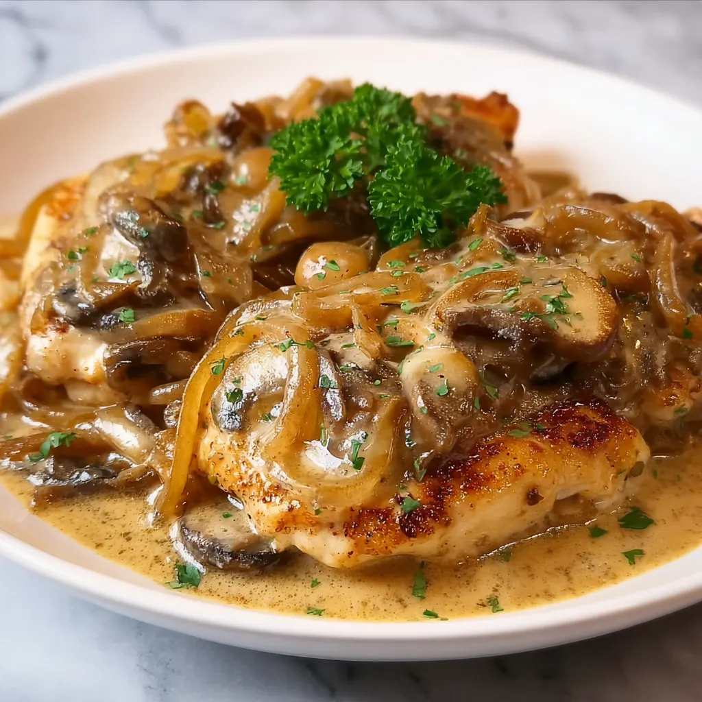 A plate of food with mushrooms and onions.