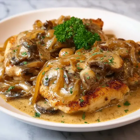 A plate of food with mushrooms and onions.