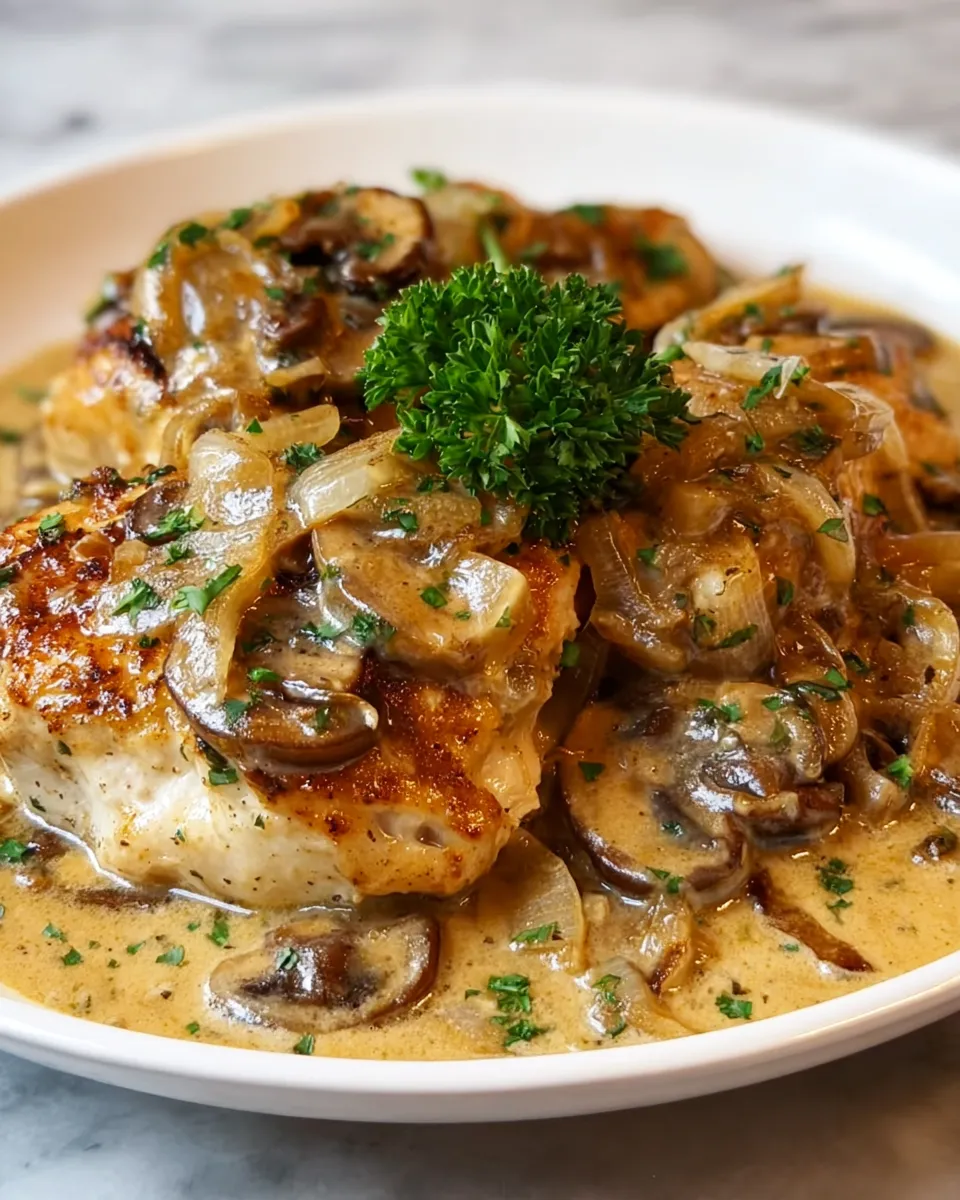 A plate of food with mushrooms and onions.