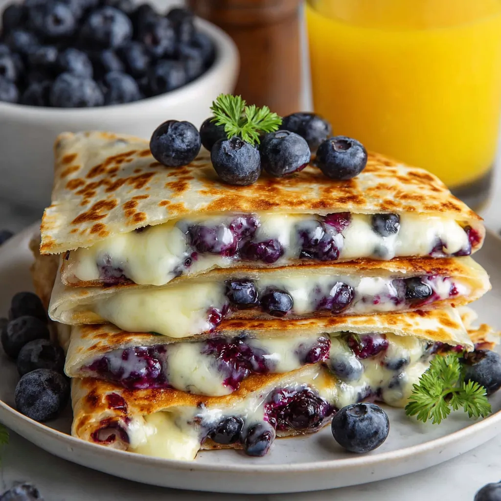 A stack of blueberry crepes with cheese.