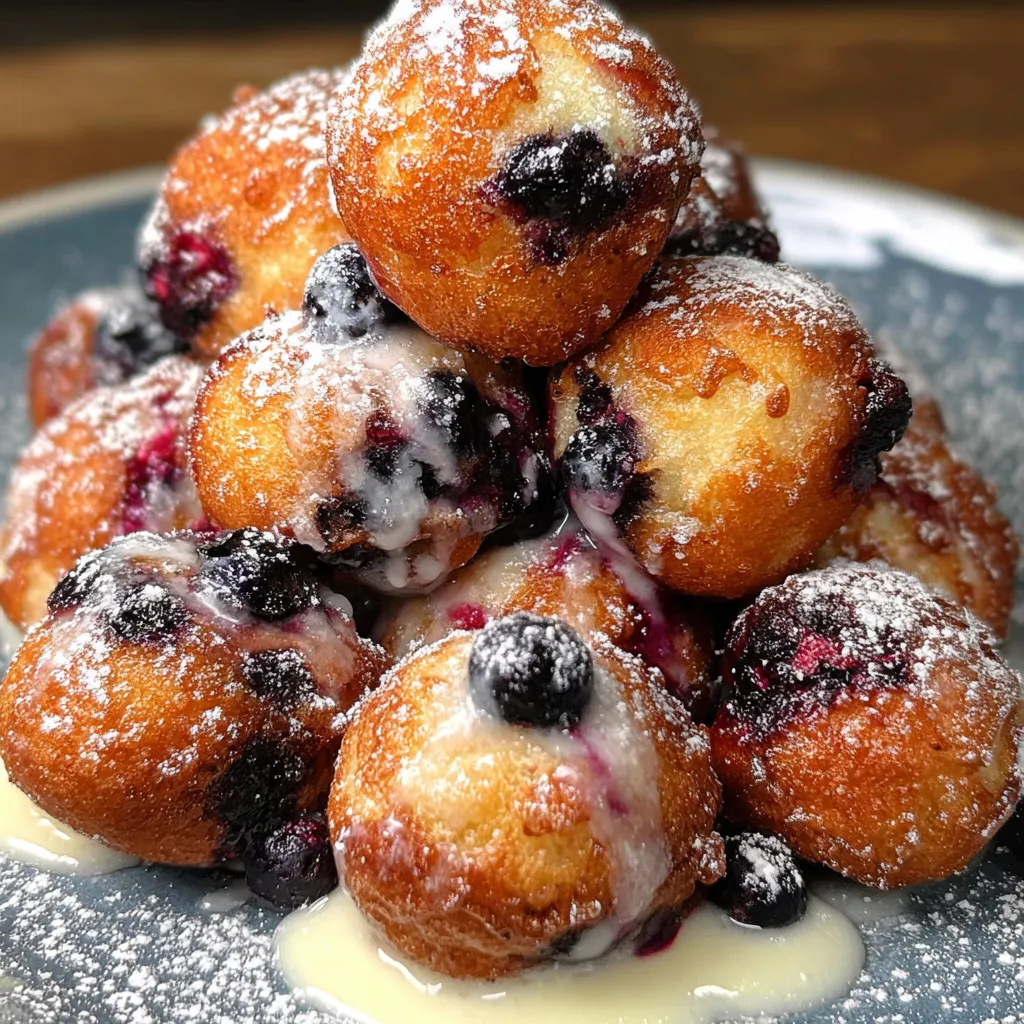 A stack of blueberry muffins with powdered sugar.