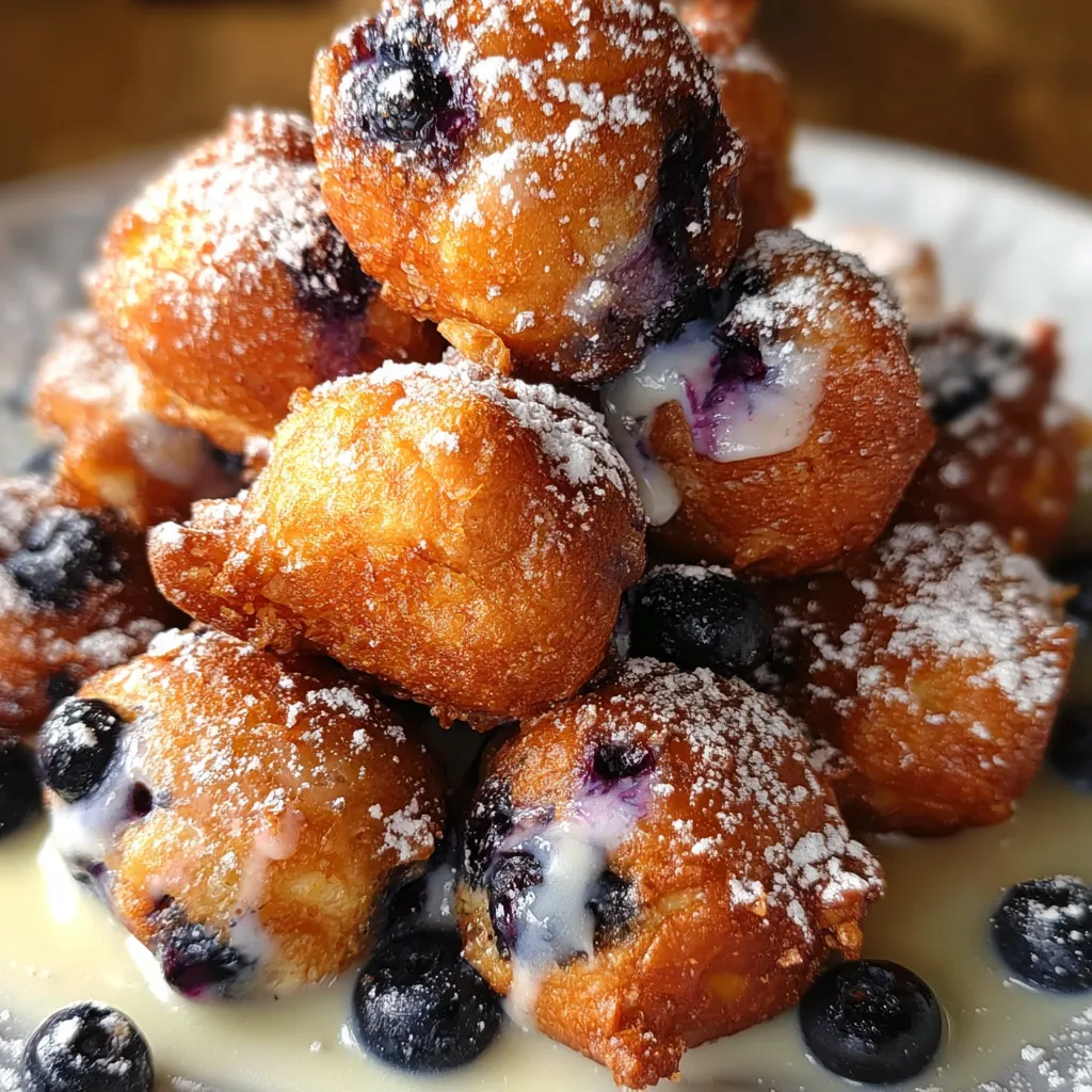 Blueberry powdered donuts on a plate.