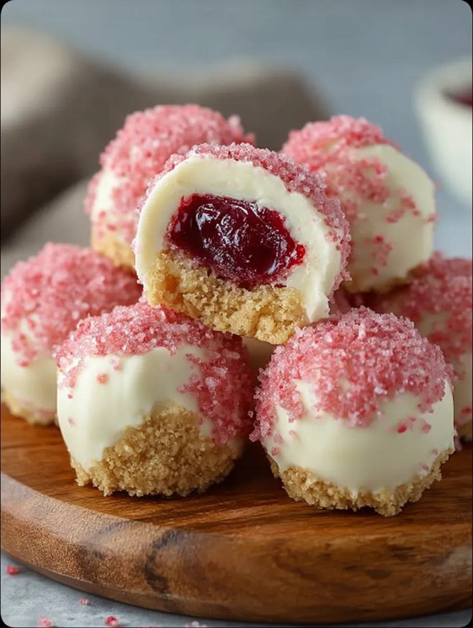Pink and white cookies with jelly in the middle.