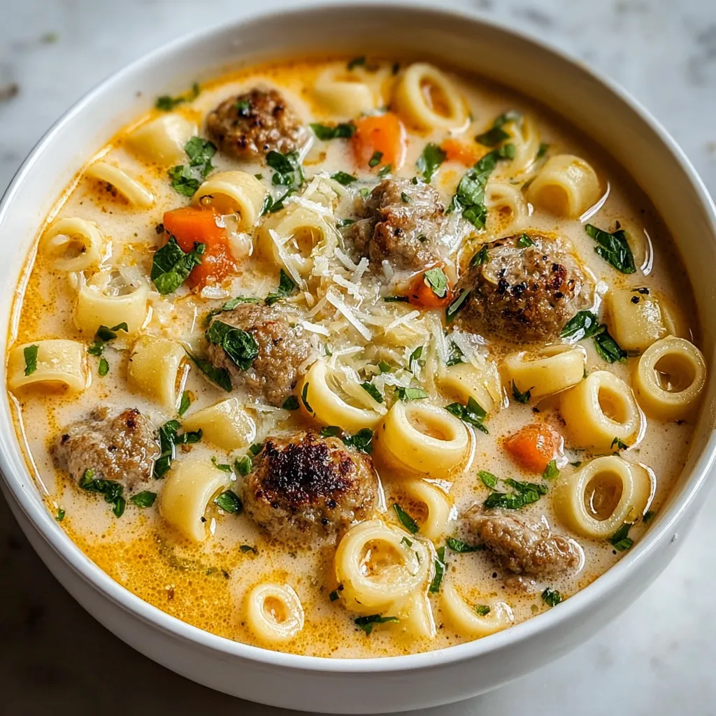 A bowl of pasta with meatballs and vegetables.