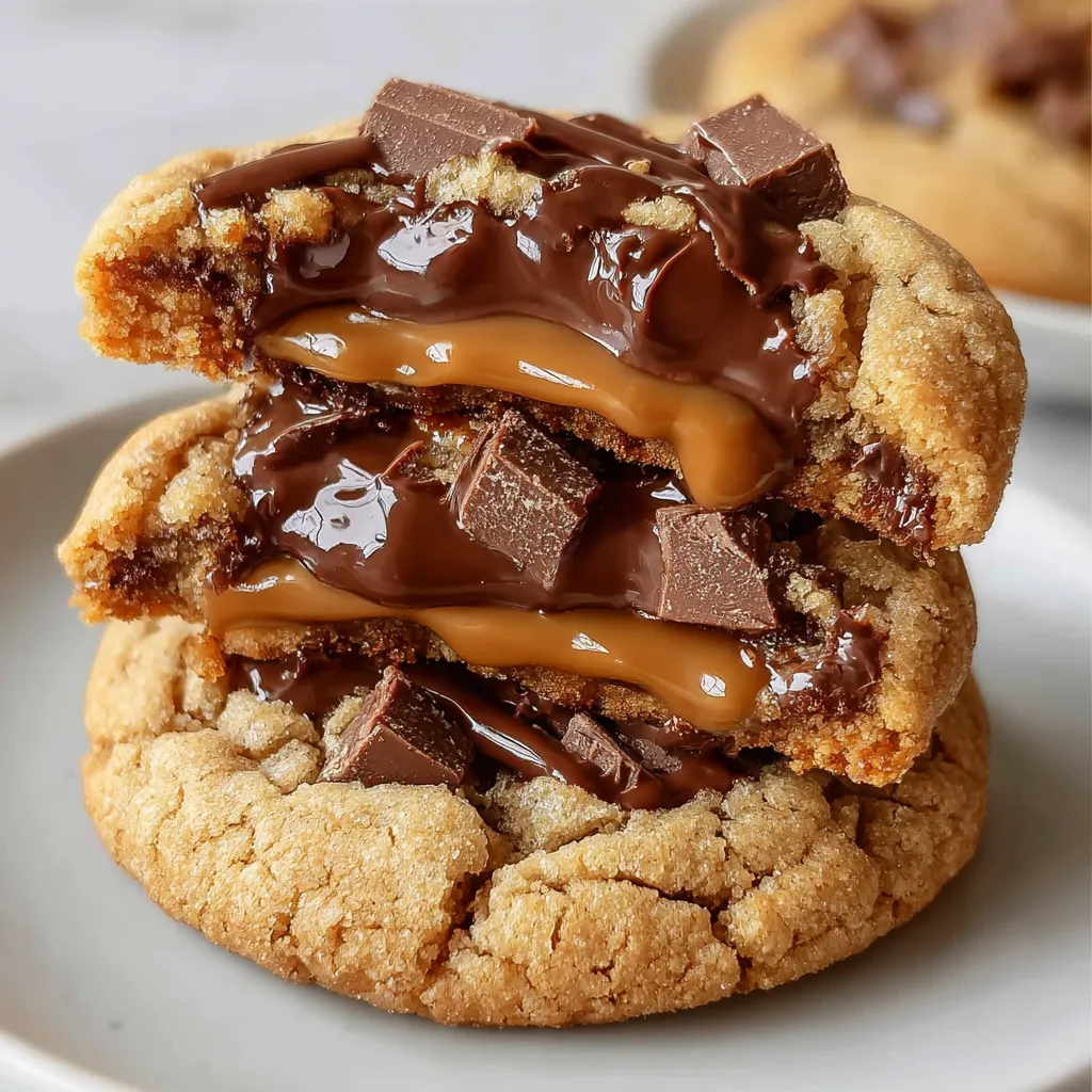 A chocolate chip cookie with caramel drizzle.