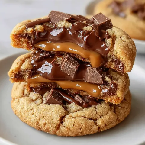A chocolate chip cookie with caramel drizzle.