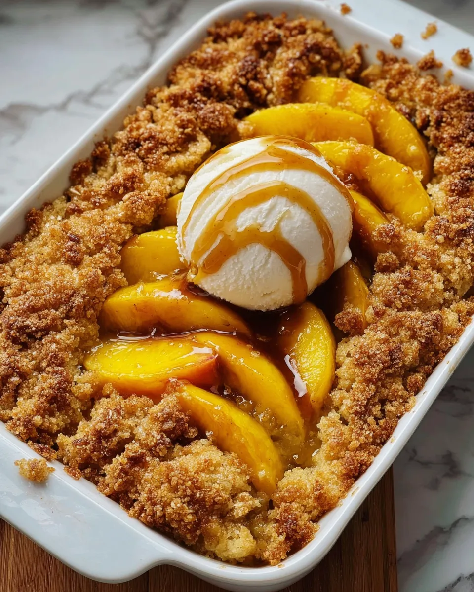 A bowl of peaches with ice cream on top.