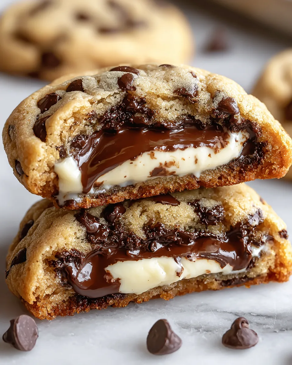 Two chocolate chip cookies with white frosting.