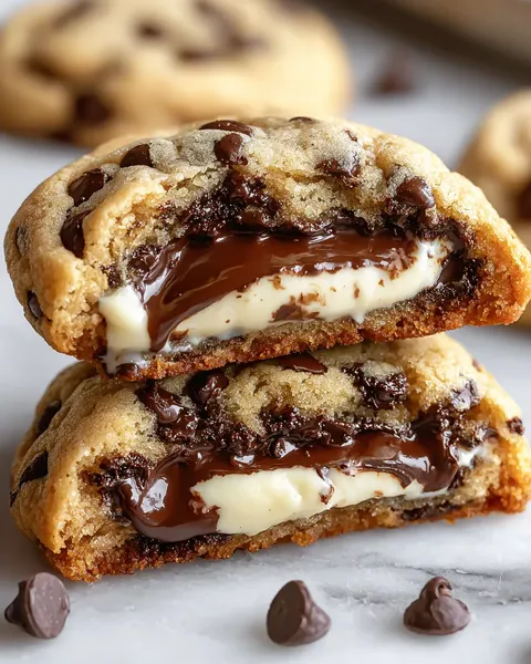 Two chocolate chip cookies with white frosting.