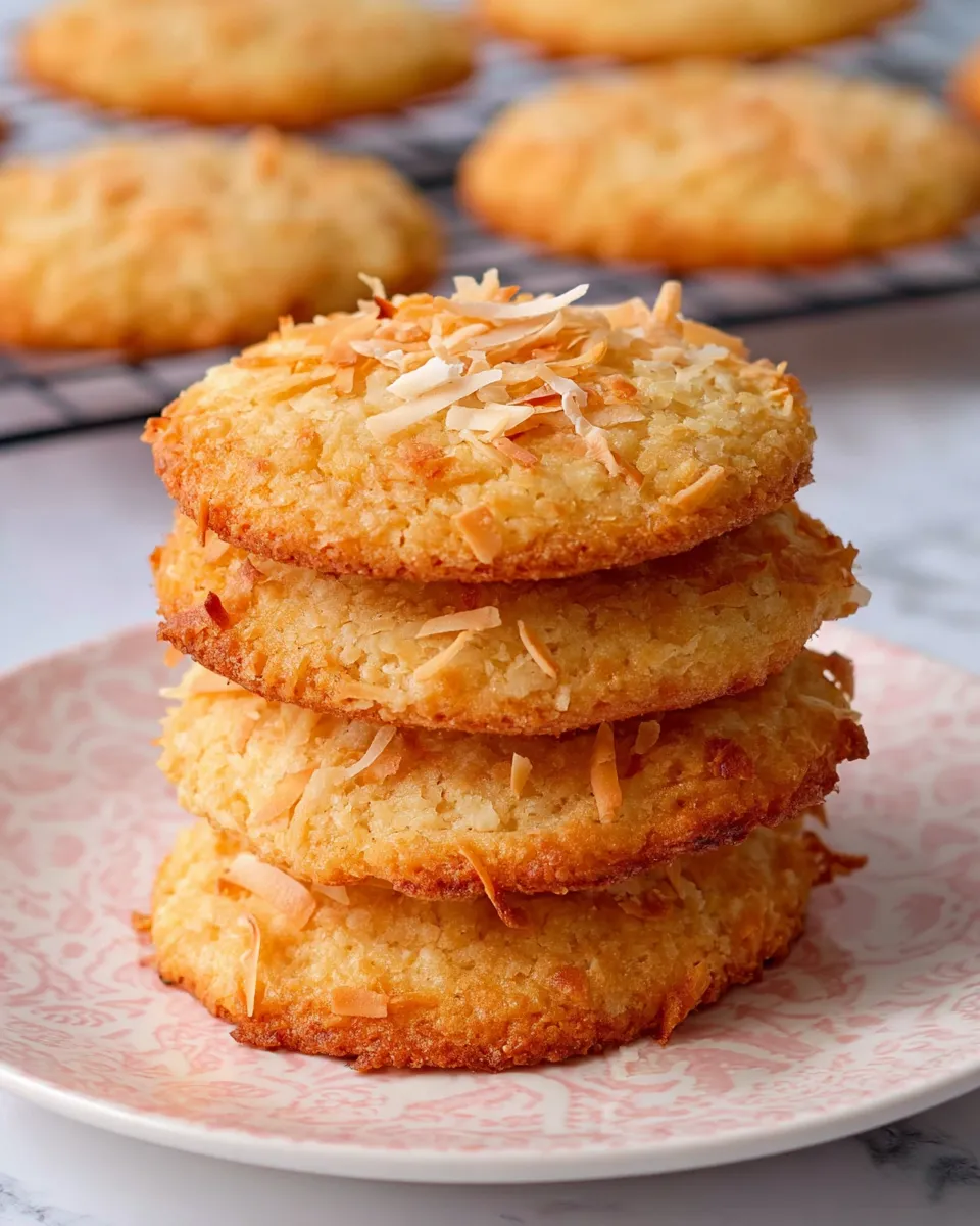 A stack of coconut cookies on a plate.