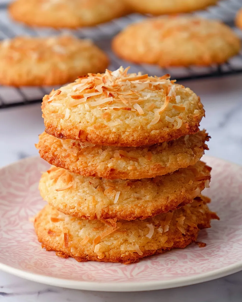 A stack of coconut cookies on a plate.