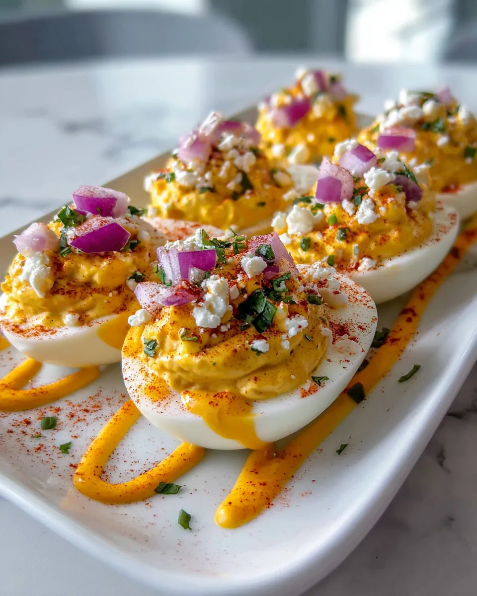 A plate of deviled eggs with a sauce.