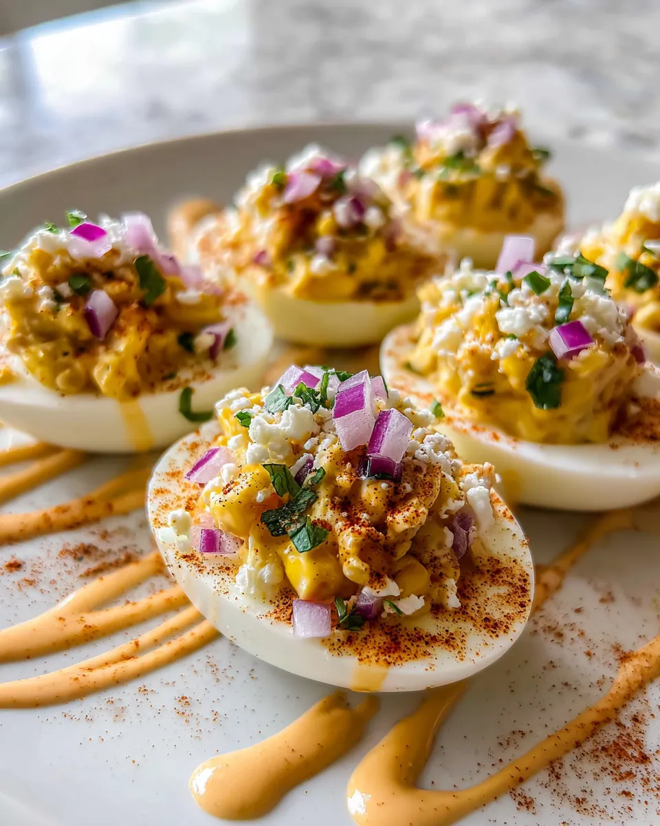 A plate of deviled eggs with a spoonful of sauce.
