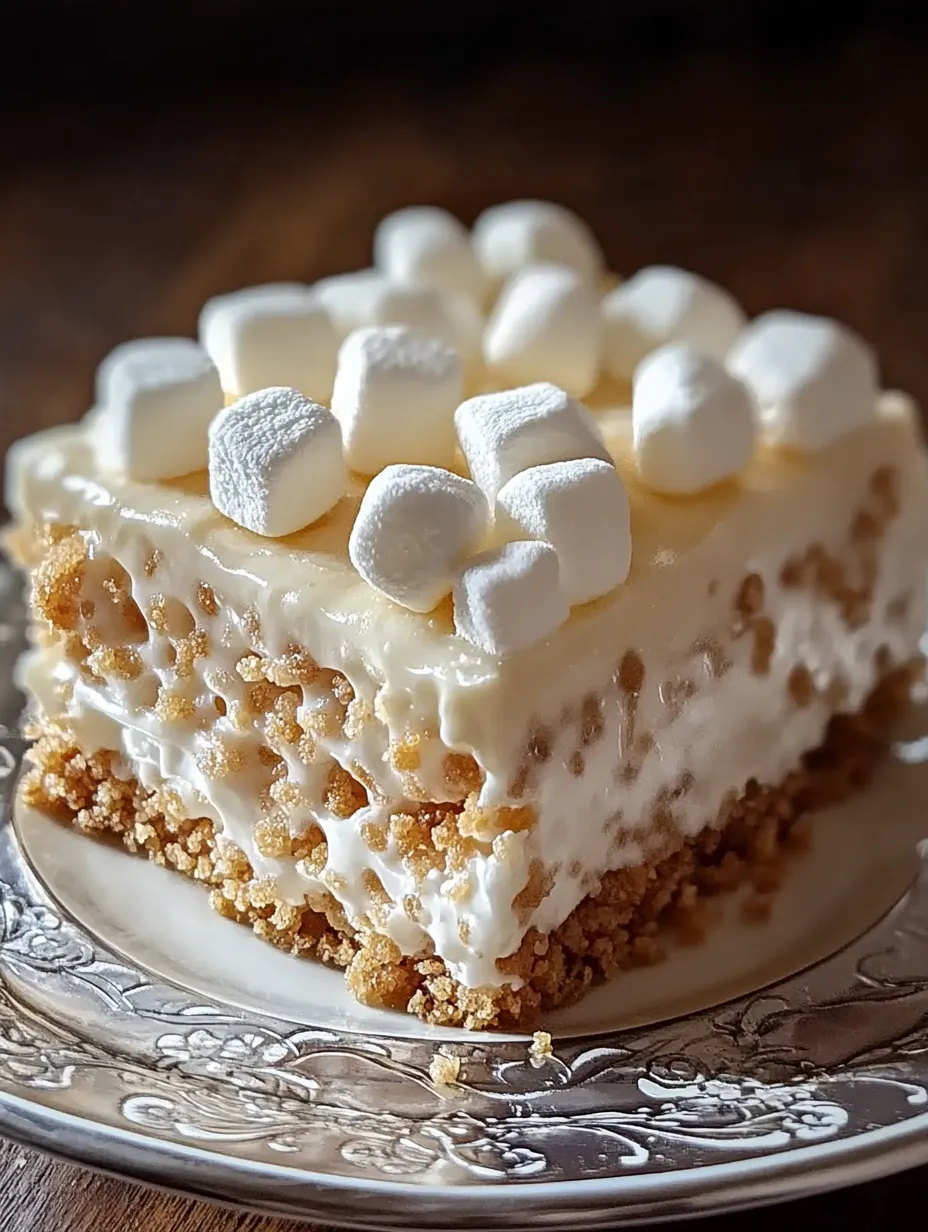 A slice of cake with marshmallows on top.
